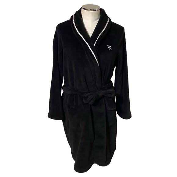 Victoria's Secret Women's Black Plush Hooded with Belt & Embroidered VS Logo M/L - Picture 1 of 11